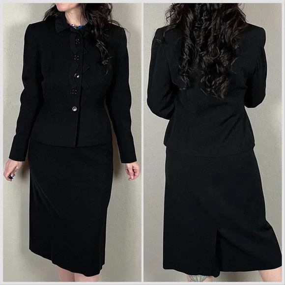 Vintage 1940s/50s Black Wool 2-Piece Skirt Suit